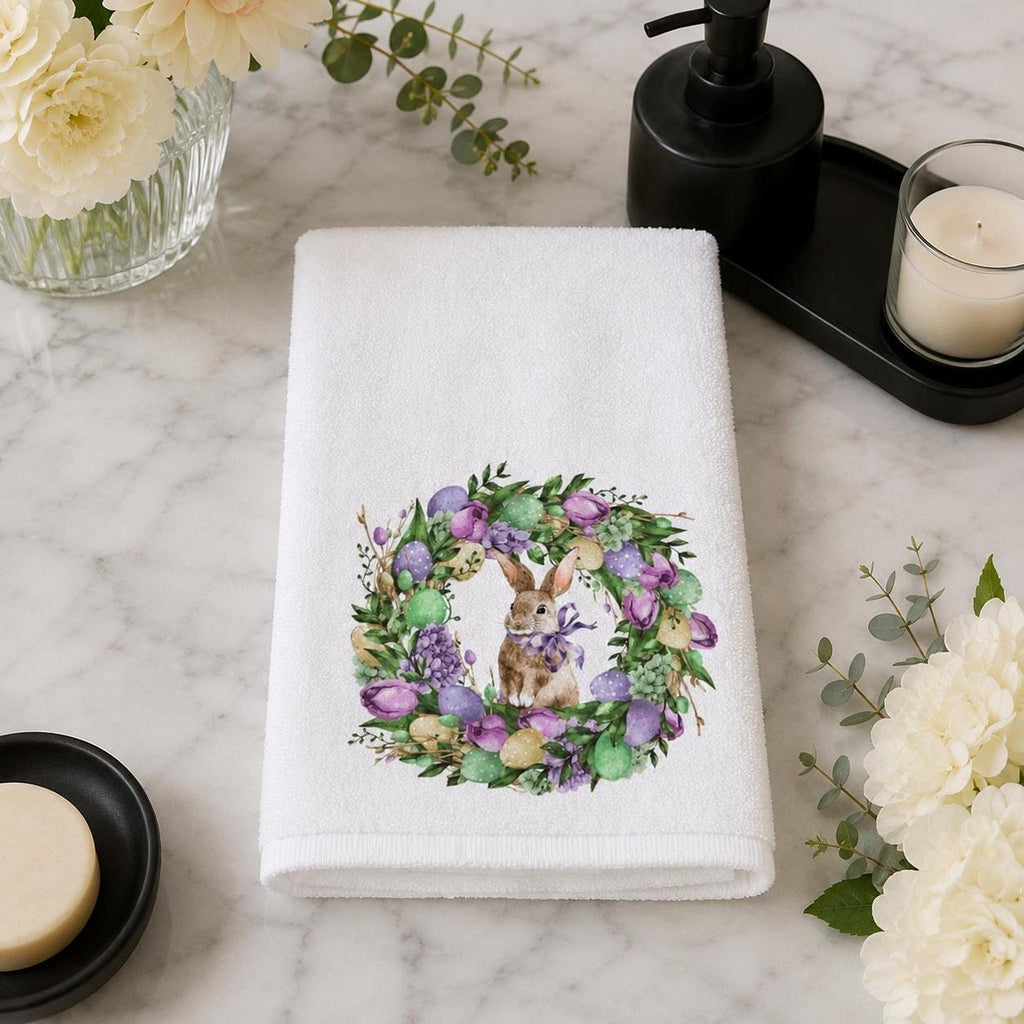 Watercolor Easter Bunny Wreath Hand Towel, Spring Floral Guest Towel