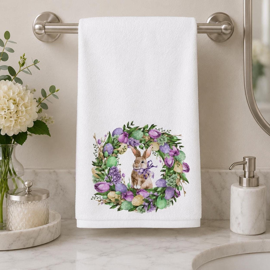 Watercolor Easter Bunny Wreath Hand Towel, Spring Floral Guest Towel