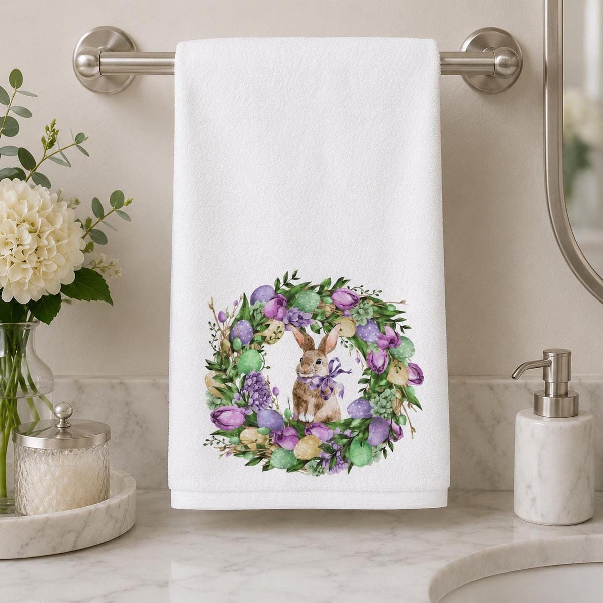 Watercolor Easter Bunny Wreath Hand Towel, Spring Floral Guest Towel