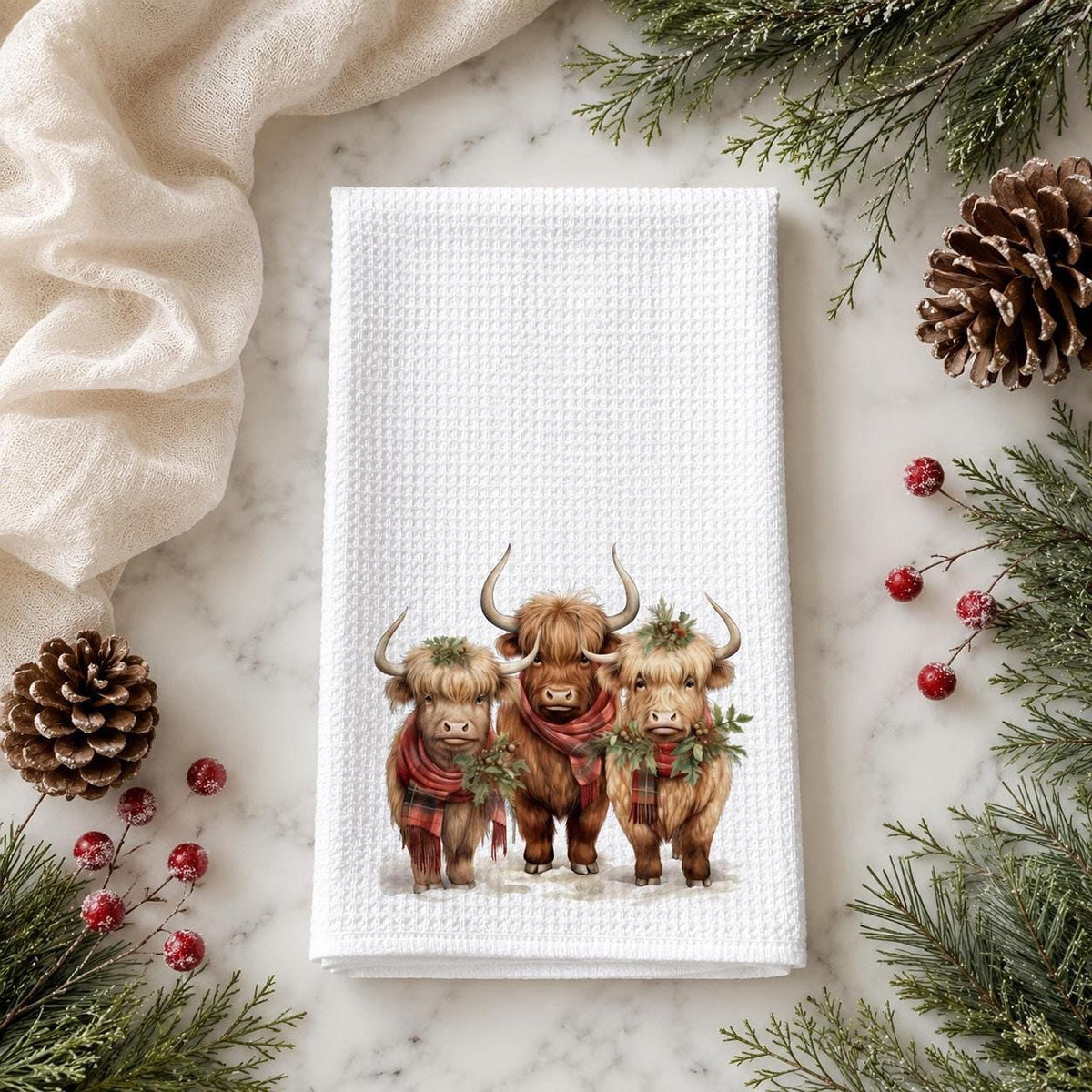 Highland Cow Towel, Christmas Kitchen Decor, White Microfiber Waffle Weave