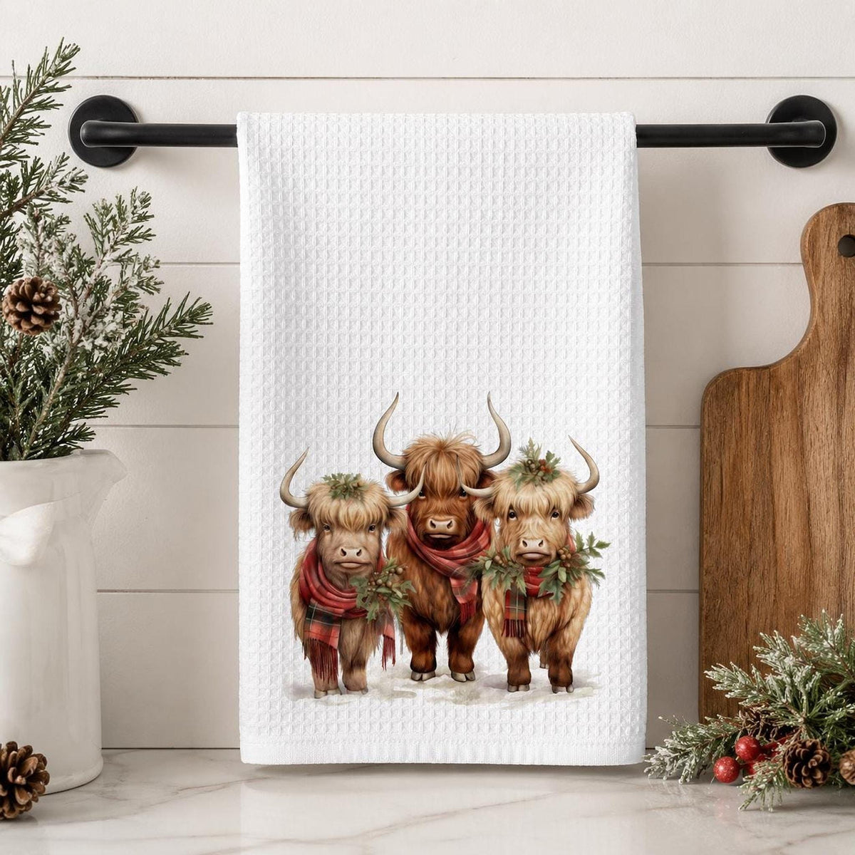 Highland Cow Towel, Christmas Kitchen Decor, White Microfiber Waffle Weave