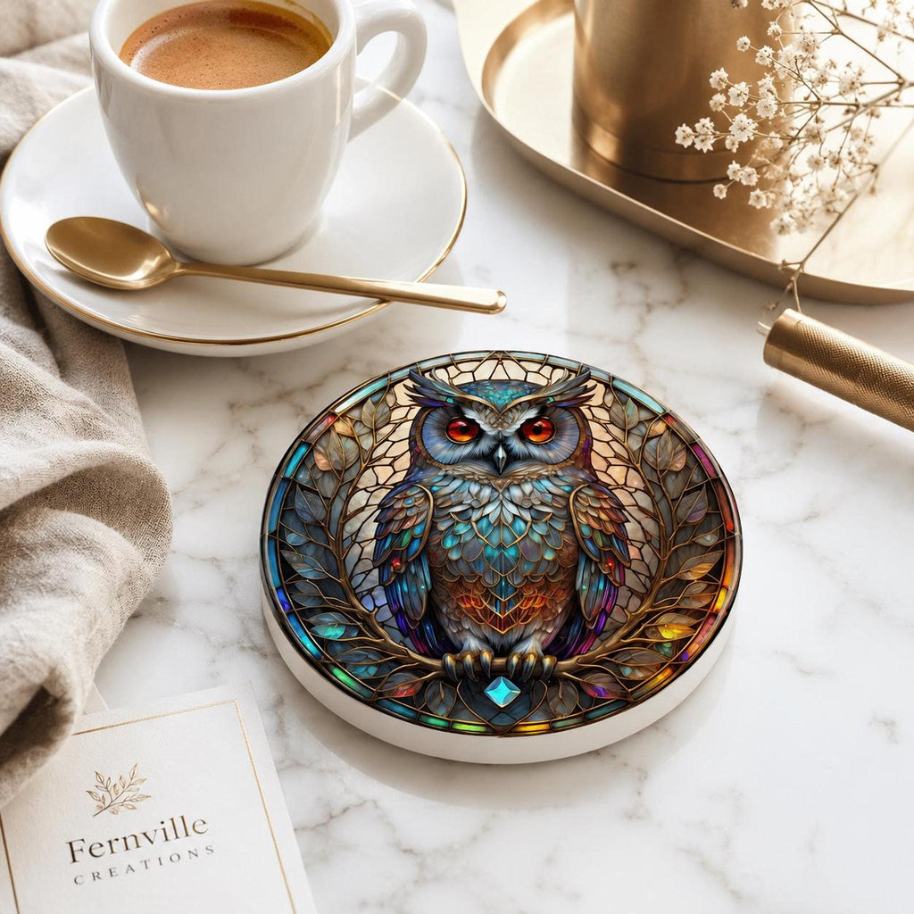 Desk Drink Coaster, Jewel-Toned Ceramic Owl Design with Cork Backing