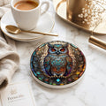 Desk Drink Coaster, Jewel-Toned Ceramic Owl Design with Cork Backing