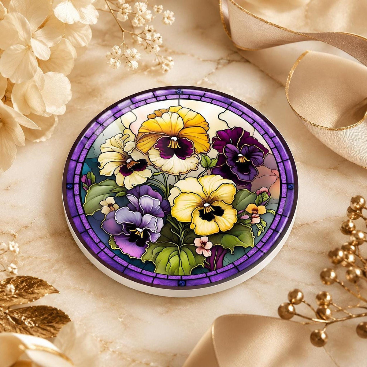 Desk Coaster, Purple Ceramic Pansy Artwork with Cork Backing