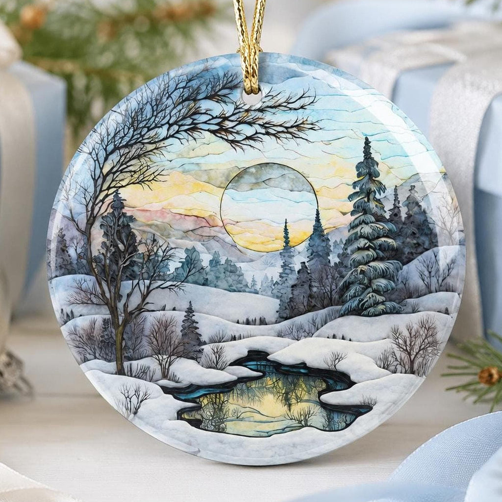 Ceramic Ornament, Snowy Landscape Scene with Personalized Reverse, Glossy White Finish