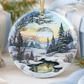 Ceramic Ornament, Snowy Landscape Scene with Personalized Reverse, Glossy White Finish