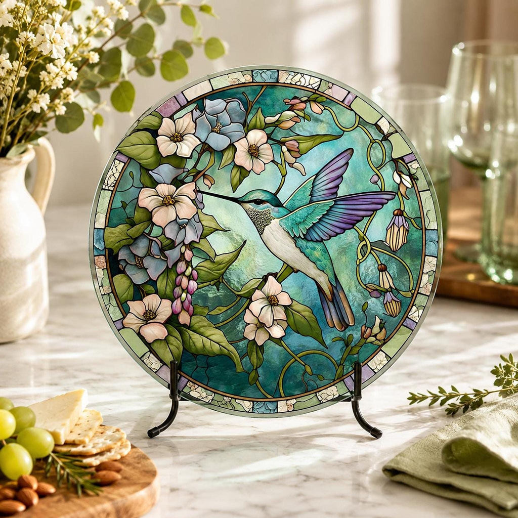 Glass Cutting Board, Round Tempered Hummingbird Design, Charcuterie Use, 8-Inch Or 12-Inch