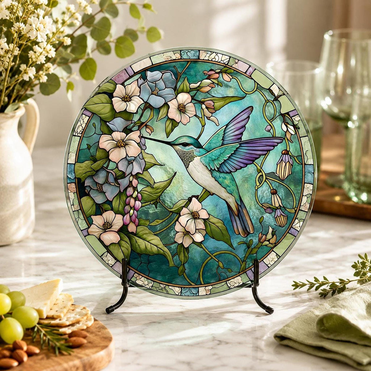 Glass Cutting Board, Round Tempered Hummingbird Design, Charcuterie Use, 8-Inch Or 12-Inch