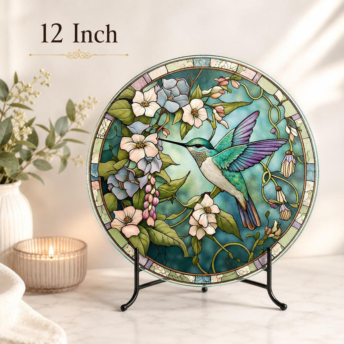 Glass Cutting Board, Round Tempered Hummingbird Design, Charcuterie Use, 8-Inch Or 12-Inch