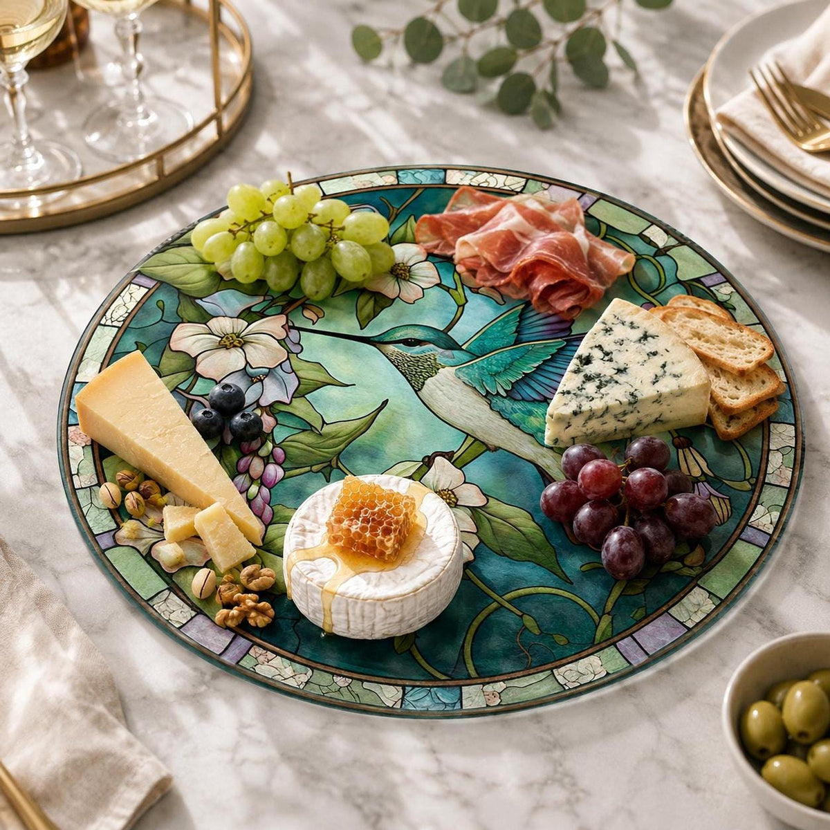 Glass Cutting Board, Round Tempered Hummingbird Design, Charcuterie Use, 8-Inch Or 12-Inch