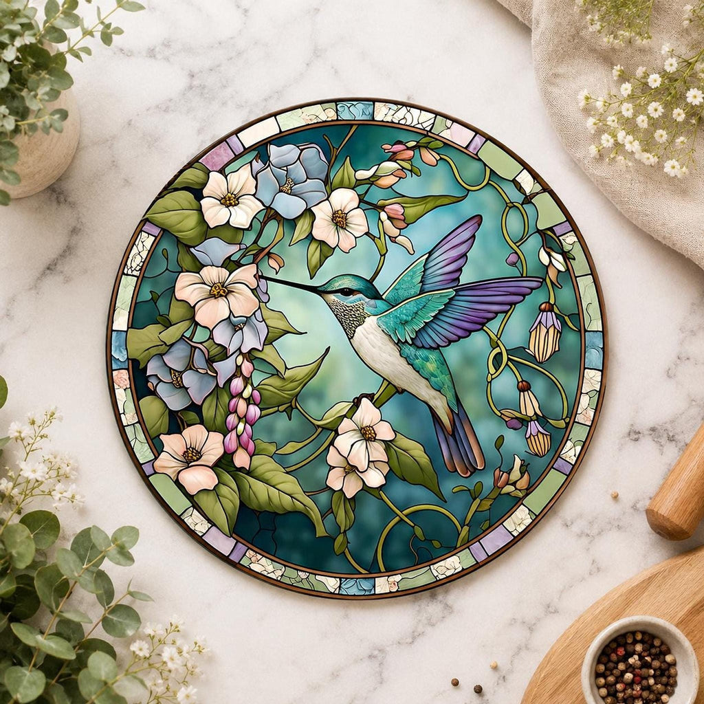 Glass Cutting Board, Round Tempered Hummingbird Design, Charcuterie Use, 8-Inch Or 12-Inch