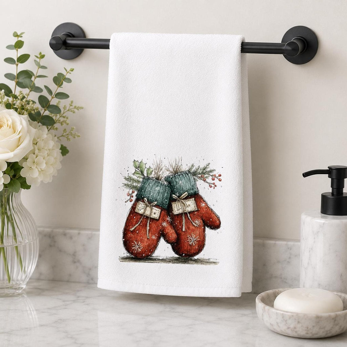Christmas Towel With Red And Green Mittens, 15 × 25 Inches, Cotton Terry Back