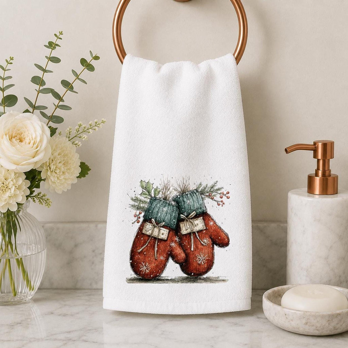 Christmas Towel With Red And Green Mittens, 15 × 25 Inches, Cotton Terry Back