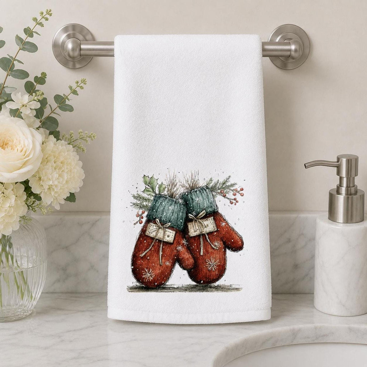 Christmas Towel With Red And Green Mittens, 15 × 25 Inches, Cotton Terry Back