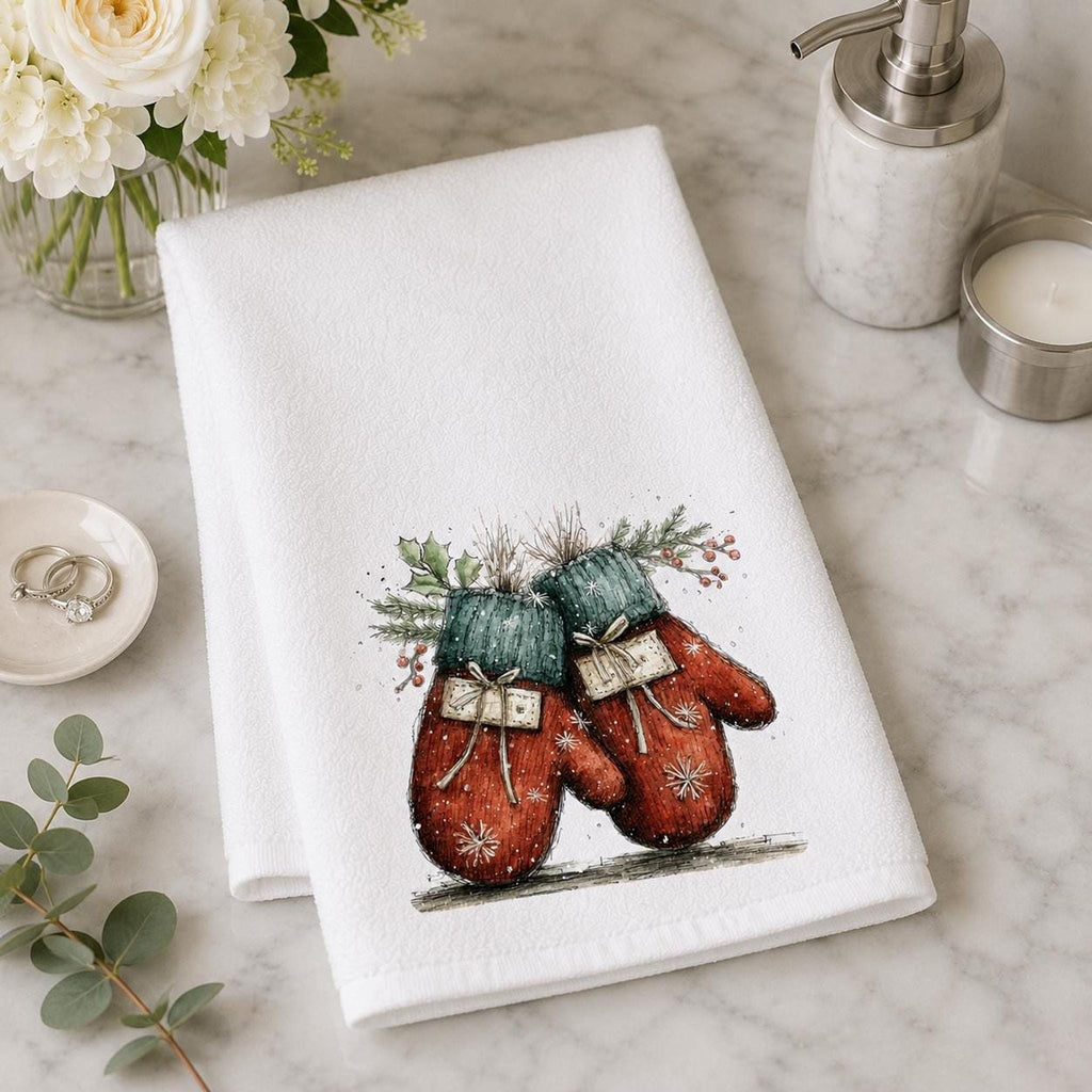 Christmas Towel With Red And Green Mittens, 15 × 25 Inches, Cotton Terry Back