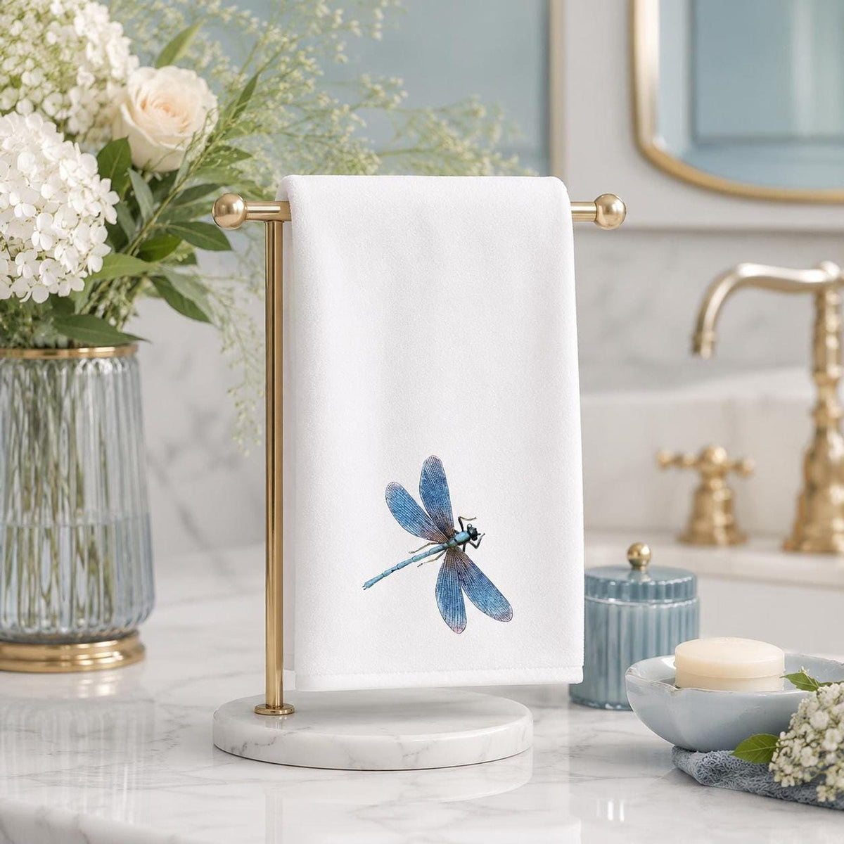 Blue Dragonfly Hand Towel, 15 x 25 Inch With Sheared Polyester Front