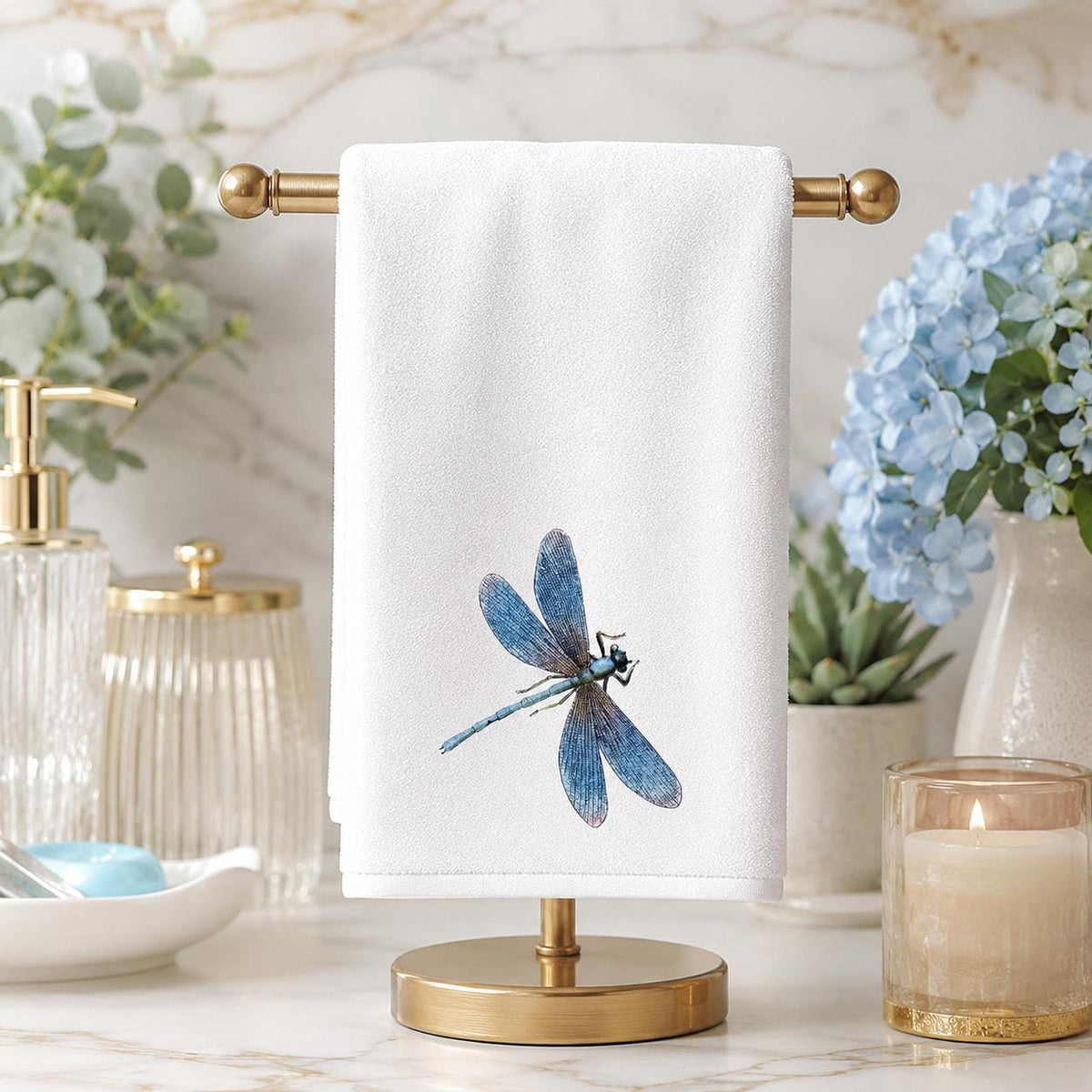 Blue Dragonfly Hand Towel, 15 x 25 Inch With Sheared Polyester Front