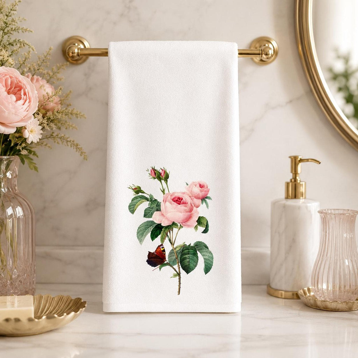 Powder Room Decor Pink Rose Hand Towel, Sheared Polyester Front, Cotton Terrycloth Back