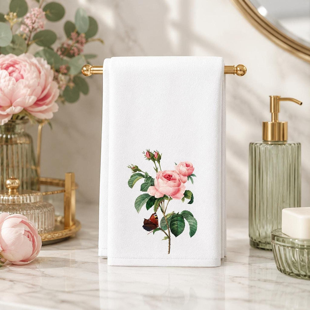 Powder Room Decor Pink Rose Hand Towel, Sheared Polyester Front, Cotton Terrycloth Back