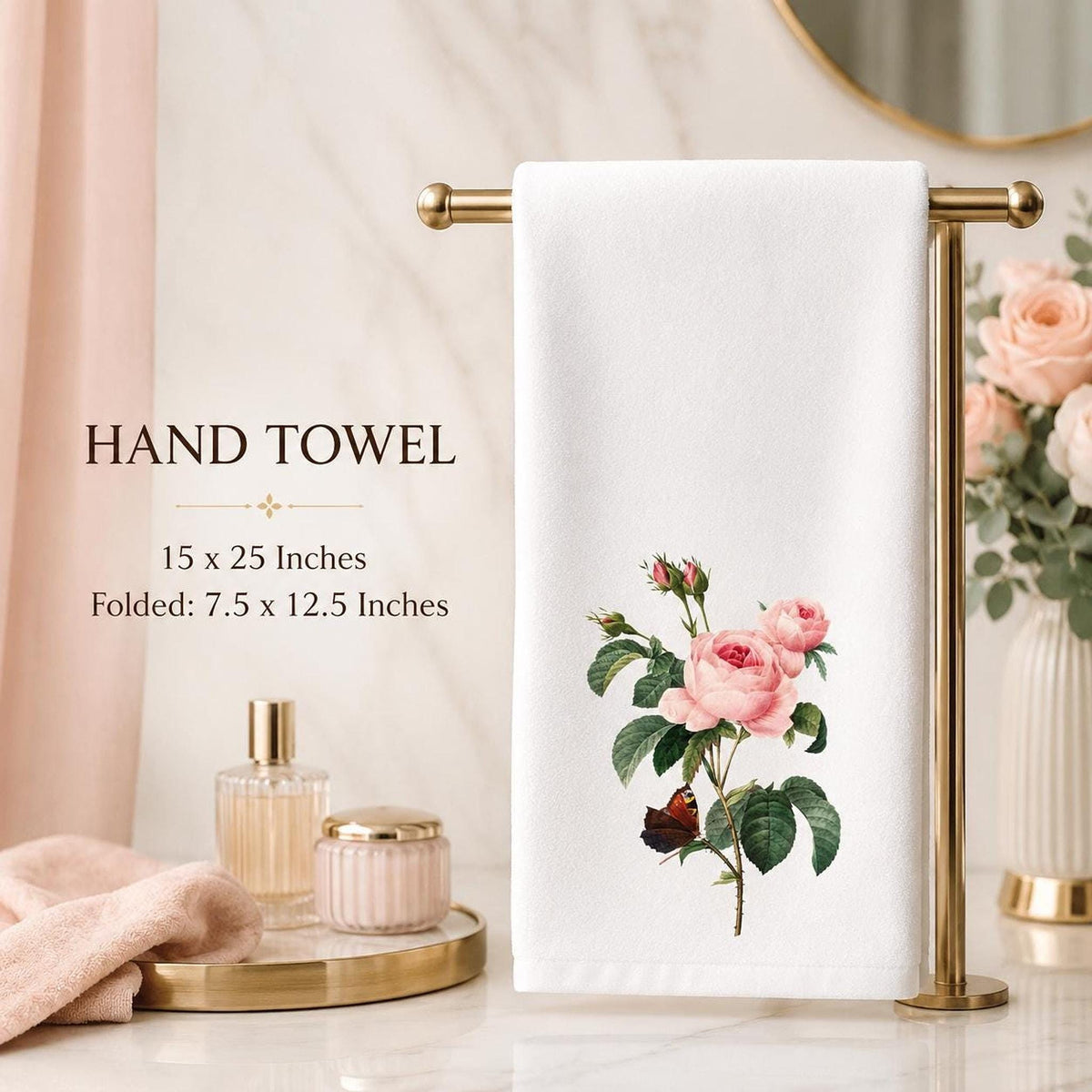 Powder Room Decor Pink Rose Hand Towel, Sheared Polyester Front, Cotton Terrycloth Back