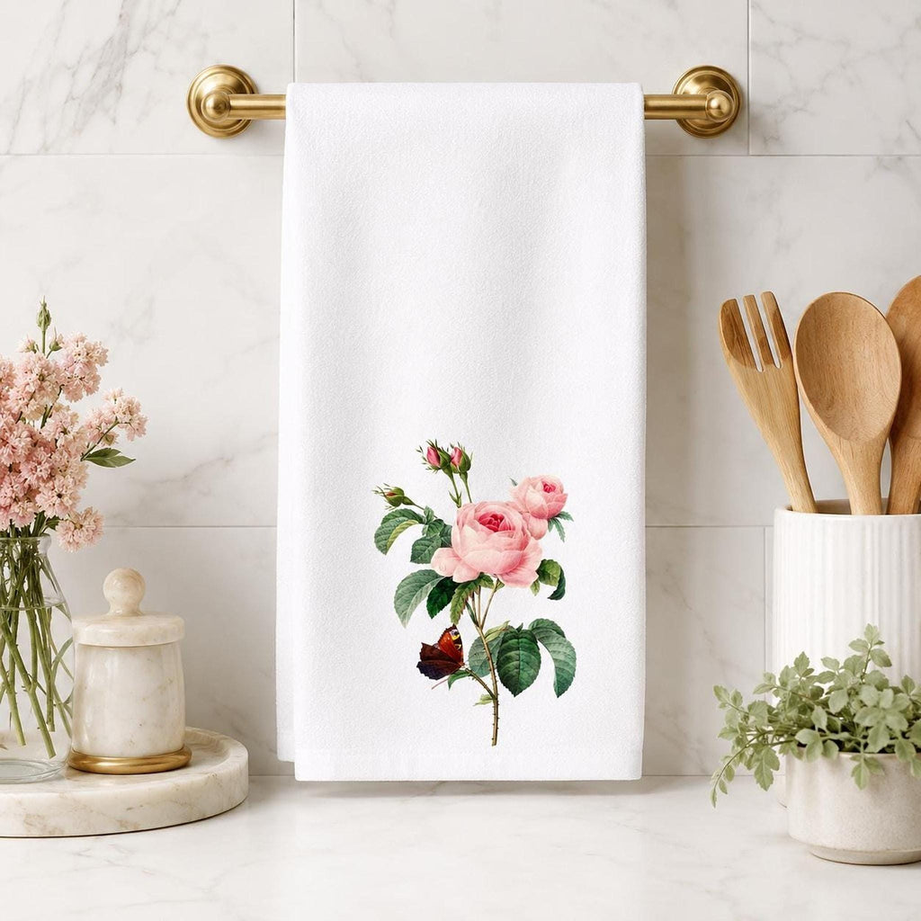 Powder Room Decor Pink Rose Hand Towel, Sheared Polyester Front, Cotton Terrycloth Back