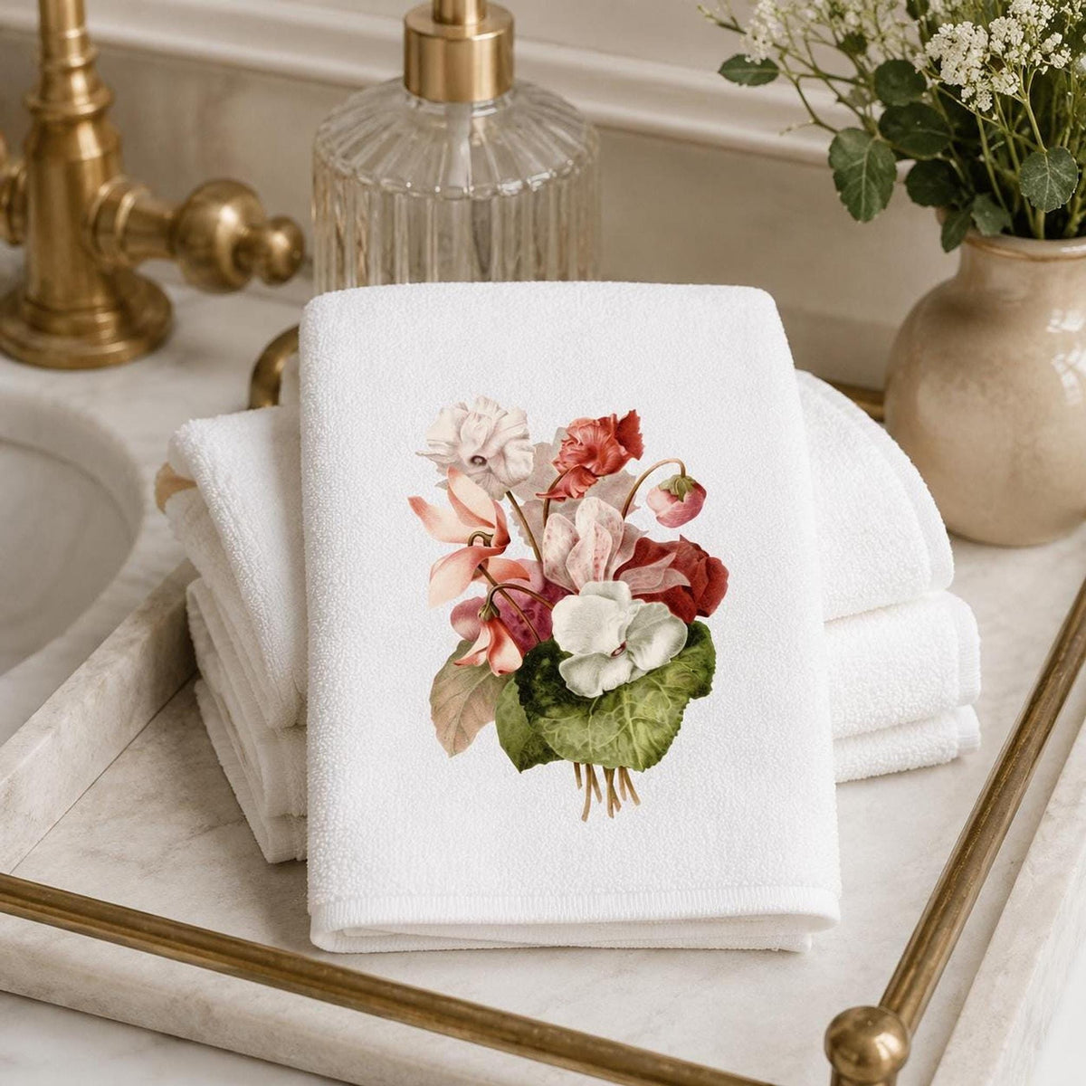 Pink Floral Fingertip Towel, 11 x 18-Inch Cotton Terrycloth Guest Bath Decor
