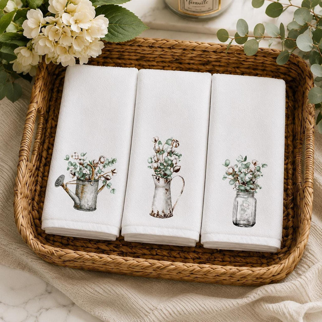 Fingertip Towel, White Botanical Accent with Cotton Terrycloth Back