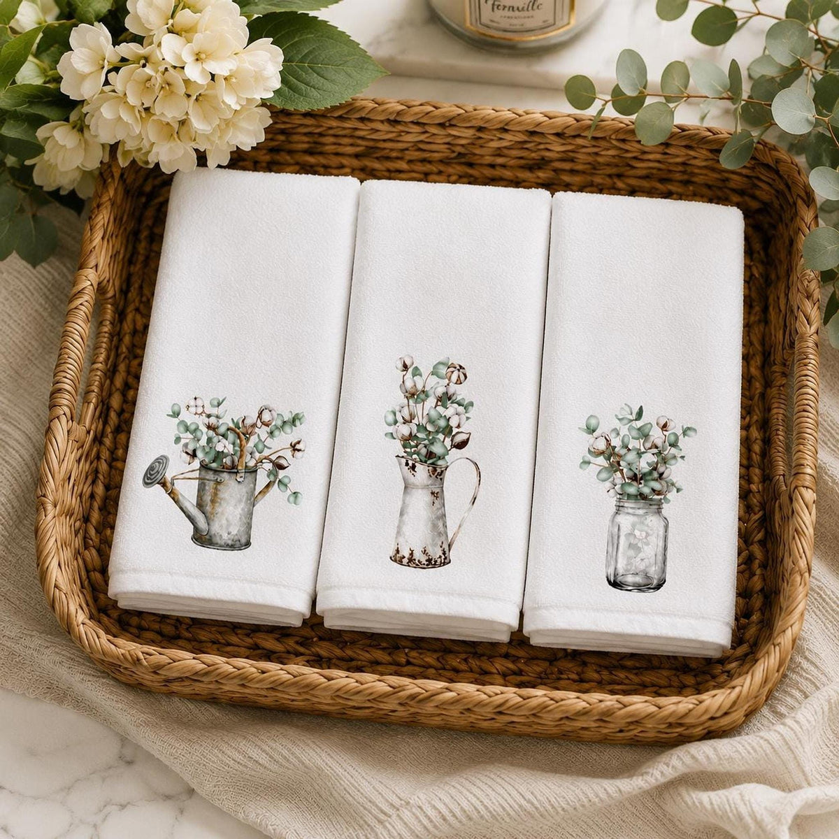 Fingertip Towel, White Botanical Accent with Cotton Terrycloth Back