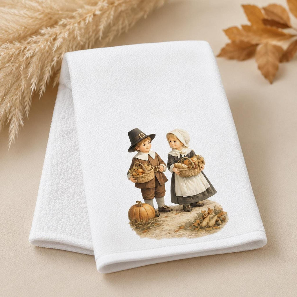 Thanksgiving Fingertip Towel, Pilgrim Children Decor, Autumn Guest Bath Accent, Fall Kitchen Gift