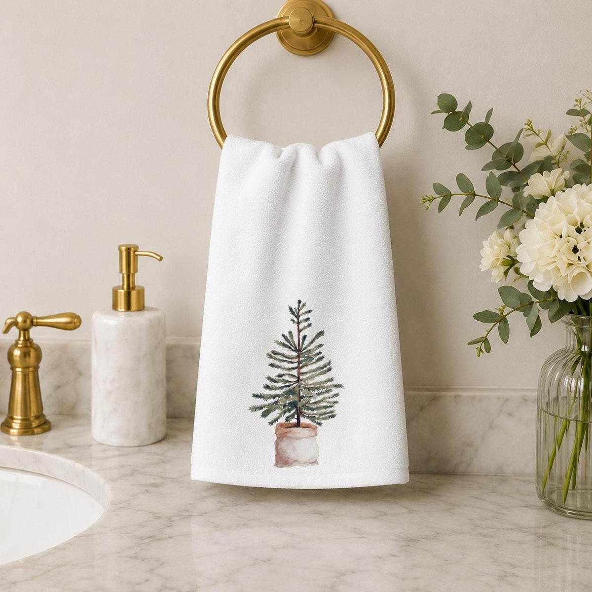 Christmas Hand Towel with Watercolor Evergreen Tree, Rustic Holiday Decor
