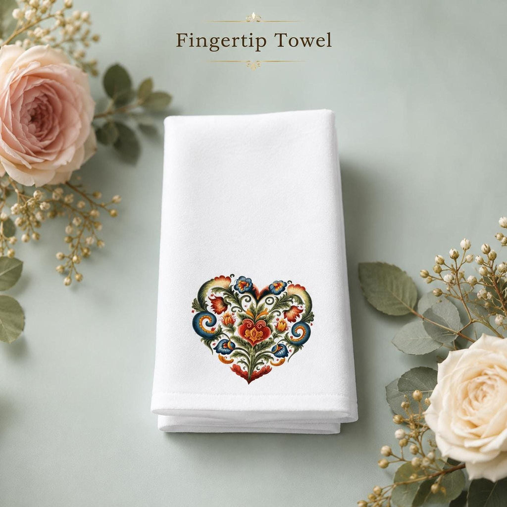 Fingertip Towel, Folk Heart Floral Design, Sheared Polyester Front, Cotton Terry Back