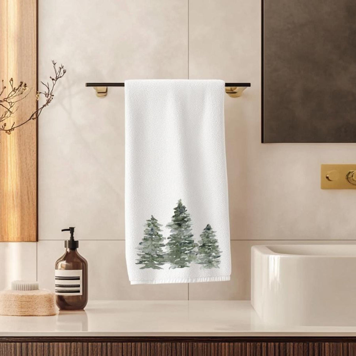Guest Hand Towel with Evergreen Trees Design, Soft Polyester & Cotton Blend