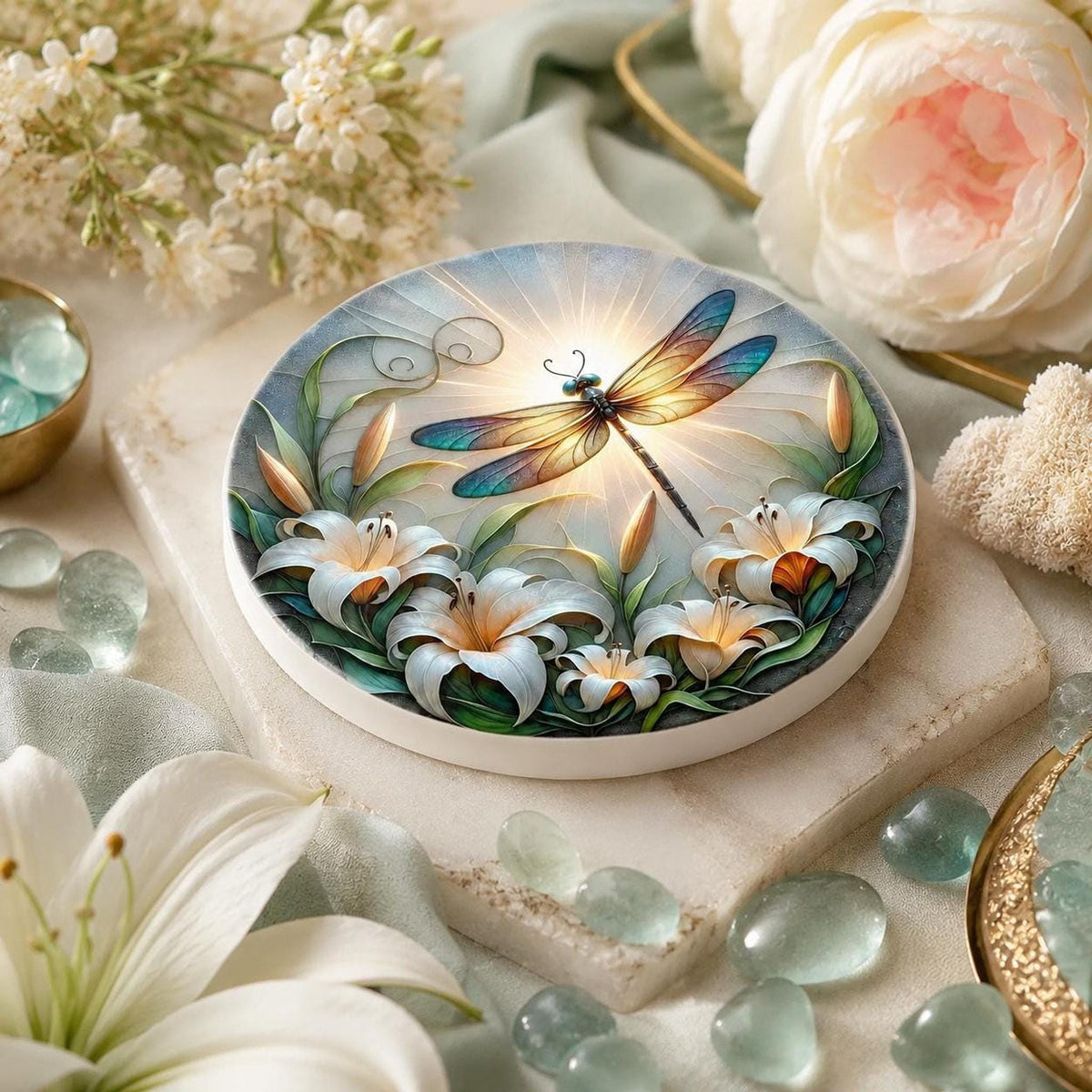 Dragonfly Ceramic Coaster, Lily Flower Decor, Botanical Nature Accent, Garden Lover Gift