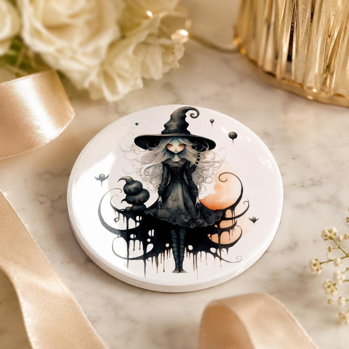 Witch Coaster with Whimsical Artwork, Round Ceramic Design for Gothic Decor
