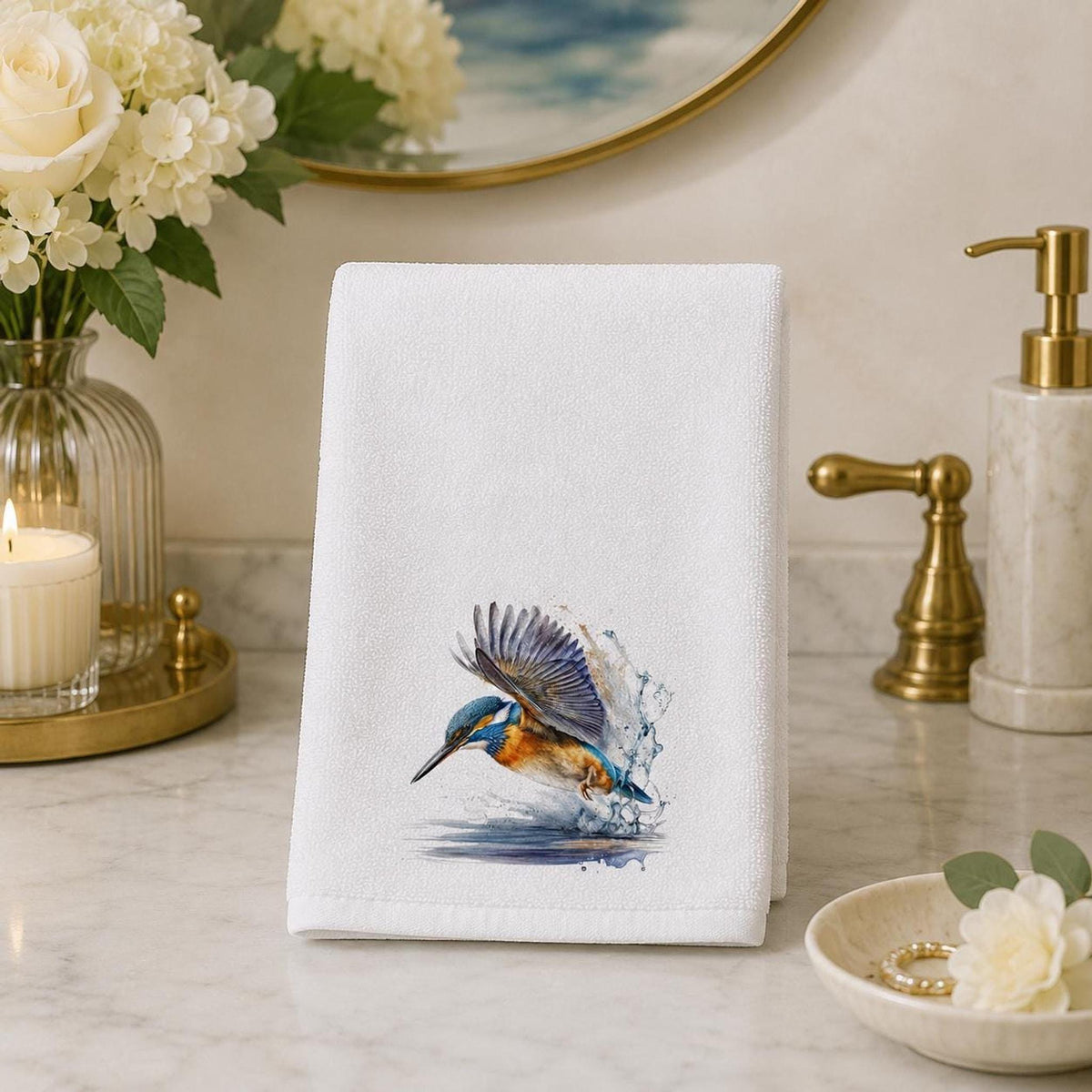 Kingfisher Towel, Decorative Hand with Bird Design for Bathroom