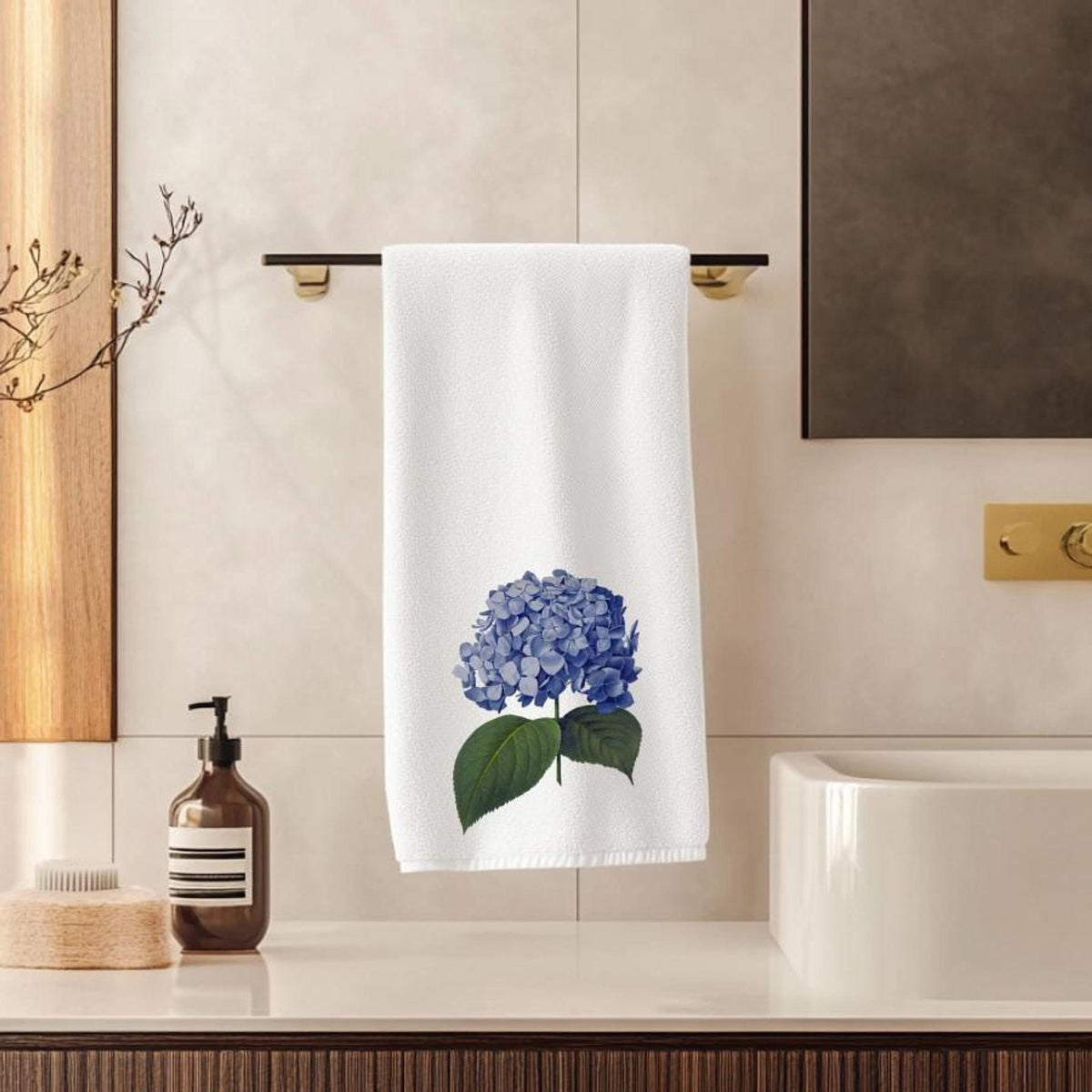 Hydrangea Towel, Blue Floral Hand in Cotton Terry Cloth