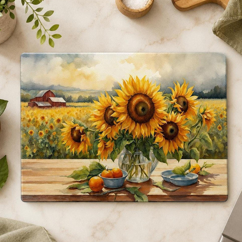 Glass Cutting Board with Sunflower Design, Tempered Charcuterie Tray