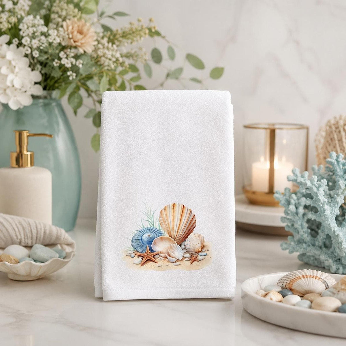 Coastal Hand Towel with Seashell and Starfish Design, Beach House Decor