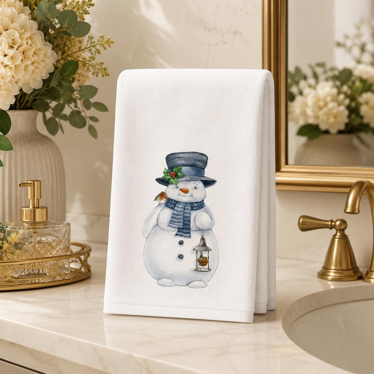 Snowman Towel, Winter Hand with Charming Watercolor Design