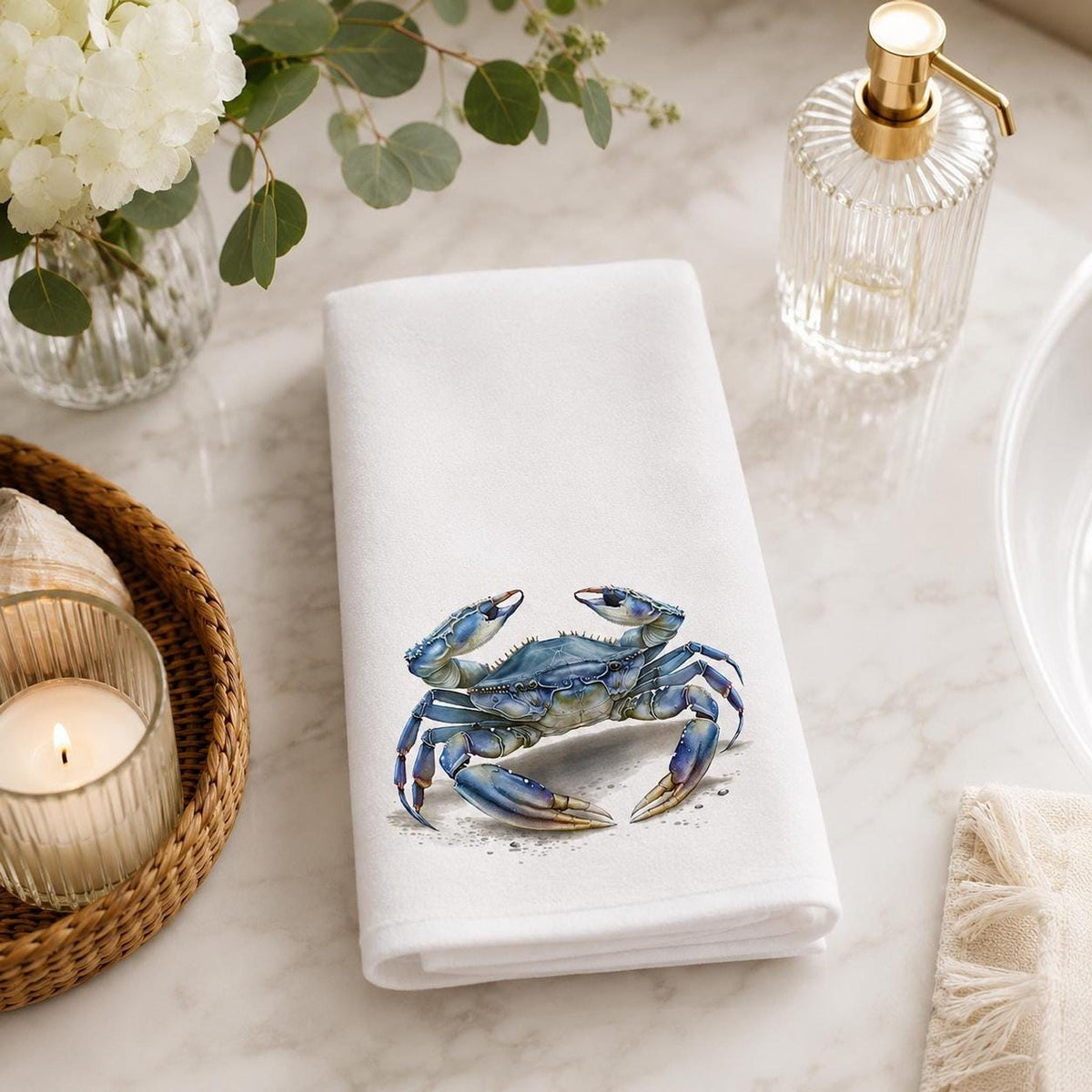 Powder Room Blue Crab Fingertip Towel, 11 x 18-Inch Coastal Bath Decor