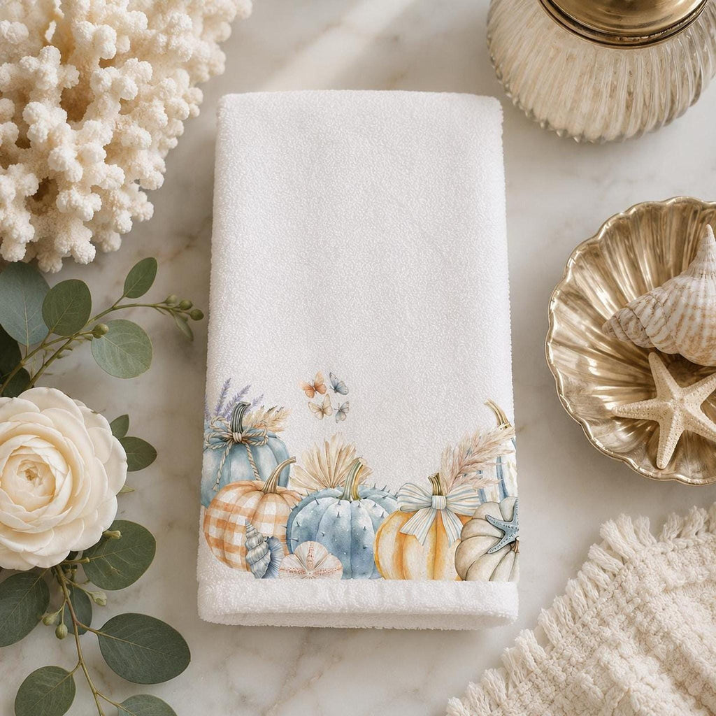 Fingertip Towel, 11 x 18 Inch Coastal Fall Decor with Blue Pumpkins