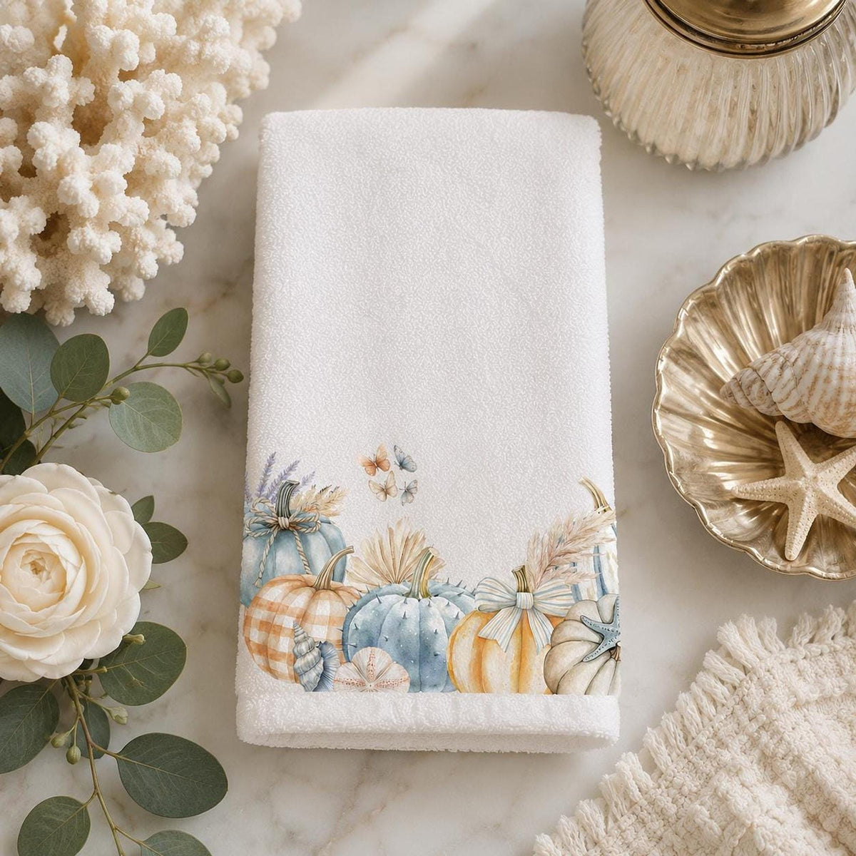 Fingertip Towel, 11 x 18 Inch Coastal Fall Decor with Blue Pumpkins