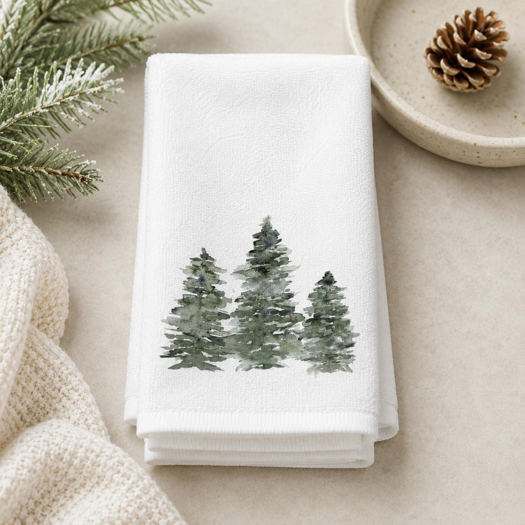 Evergreen Tree Fingertip Towel, Winter Guest Bath Decor, Pine Forest Powder Room Towel