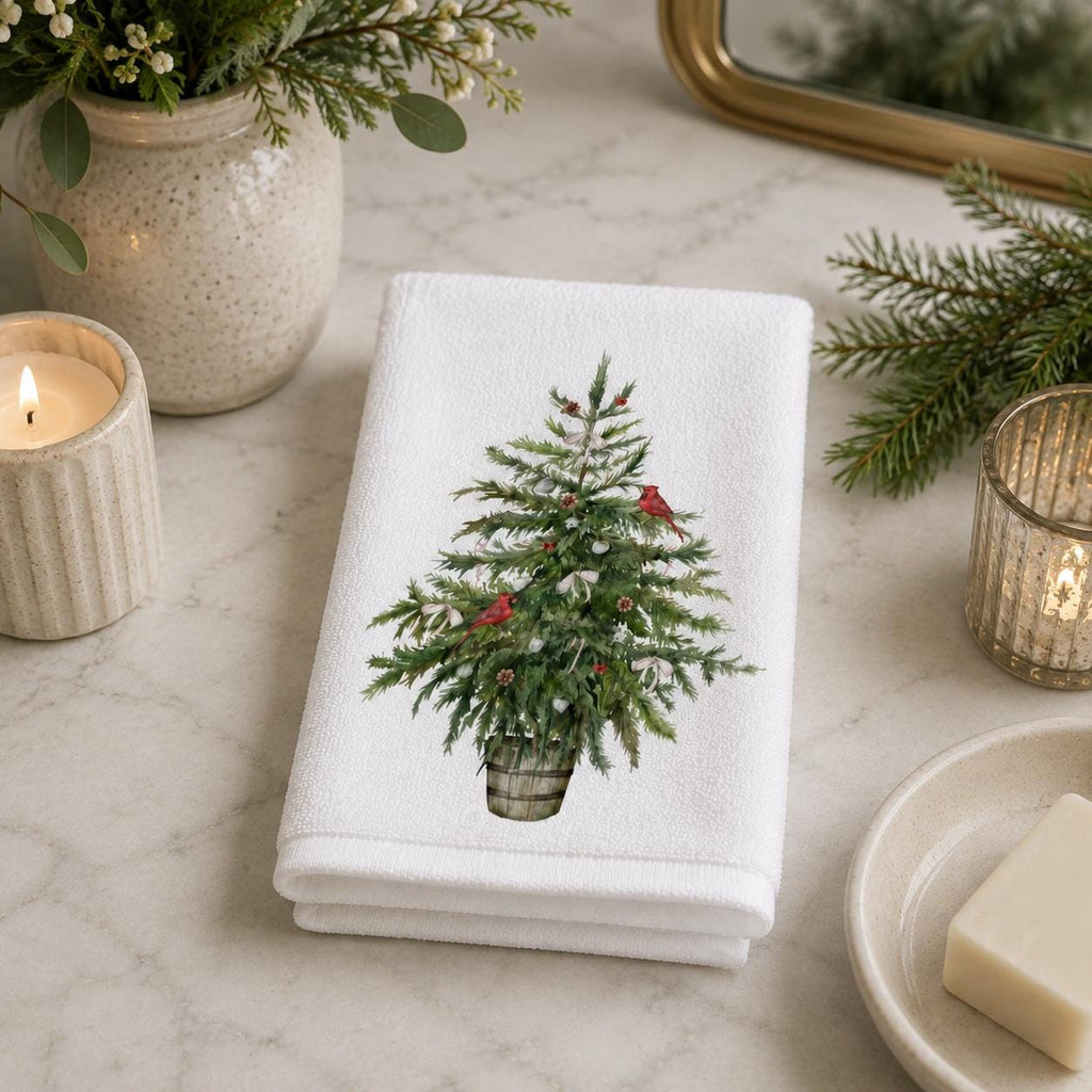 Christmas Tree Fingertip Towel, Cardinal Guest Bath Decor, Farmhouse Holiday Powder Room Accent