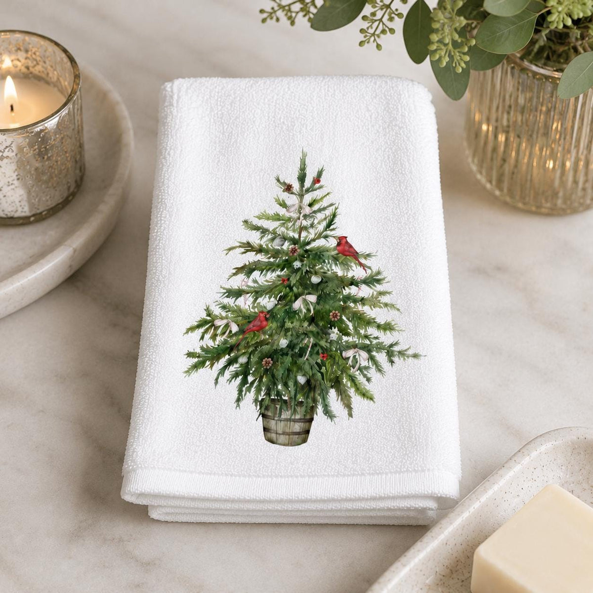 Christmas Tree Fingertip Towel, Cardinal Guest Bath Decor, Farmhouse Holiday Powder Room Accent