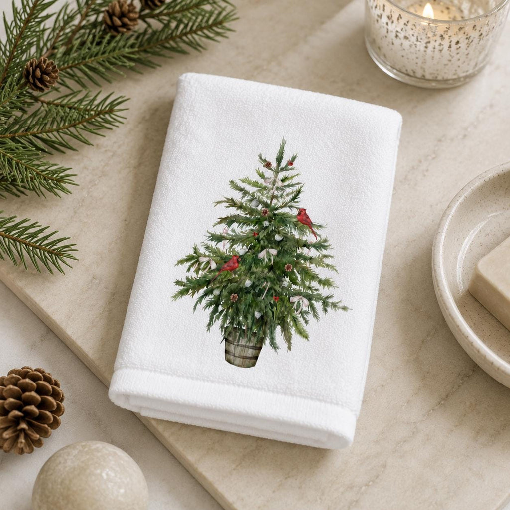Christmas Tree Fingertip Towel, Cardinal Guest Bath Decor, Farmhouse Holiday Powder Room Accent
