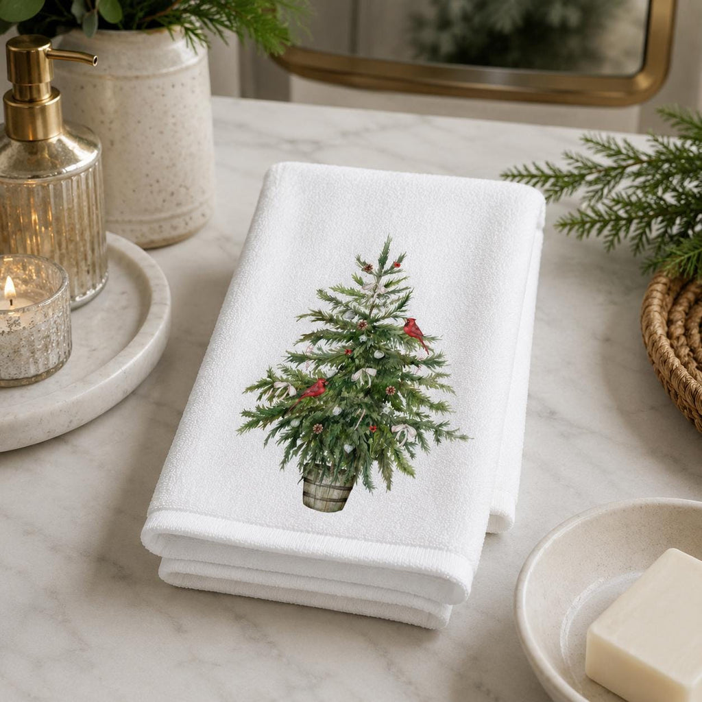 Christmas Tree Fingertip Towel, Cardinal Guest Bath Decor, Farmhouse Holiday Powder Room Accent