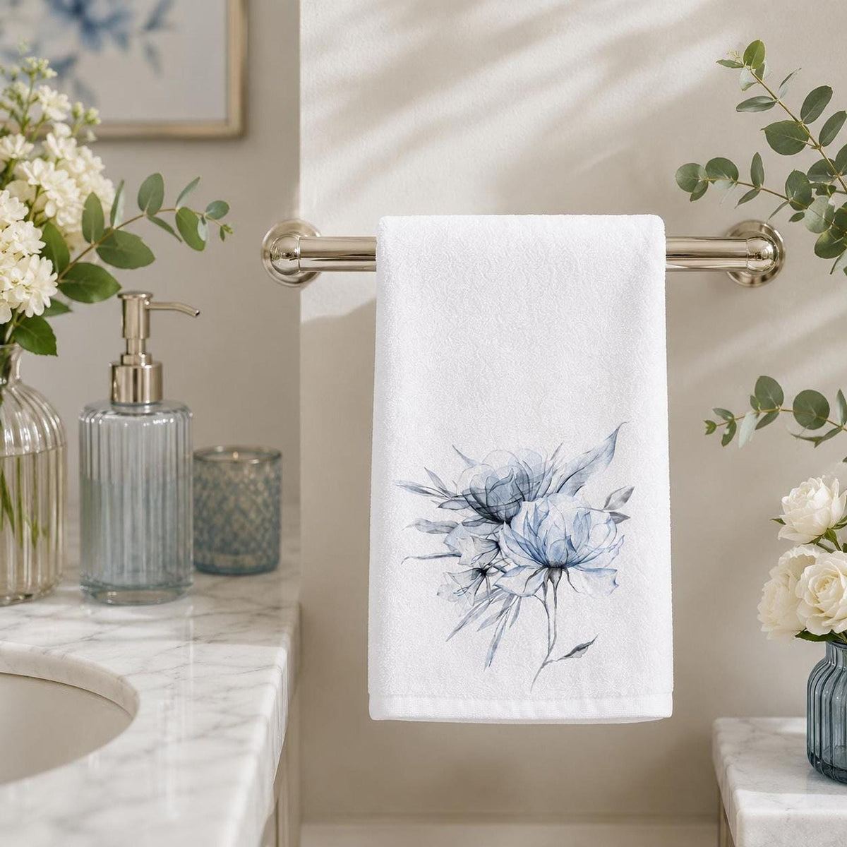 Floral Hand Towel with Blue Watercolor Design, Soft Cotton Terry Back