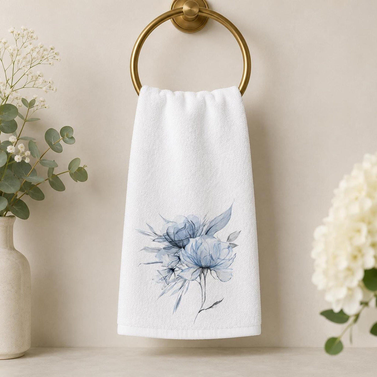 Floral Hand Towel with Blue Watercolor Design, Soft Cotton Terry Back