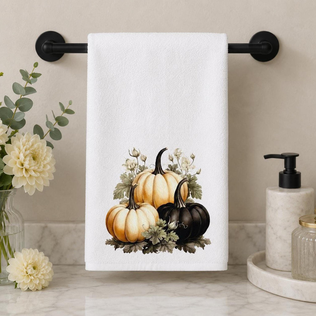 Black Pumpkin Hand Towel, 15 × 25 Inch Sheared Polyester Front, Cotton Terrycloth Back